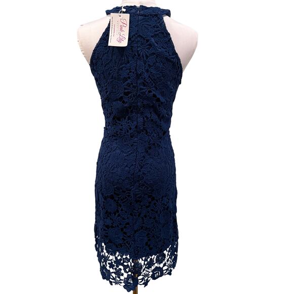 Pink Lily Navy Blue Floral Lace Halter Bodycon Dress Cocktail Midi Large NEW - Picture 3 of 9